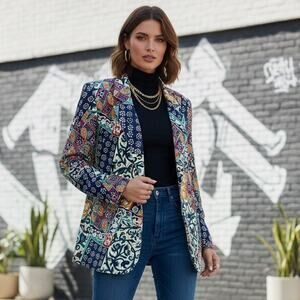 Vintage 90's Vibrant Patchwork Effect Flowy, Soft and Comfy Blazer